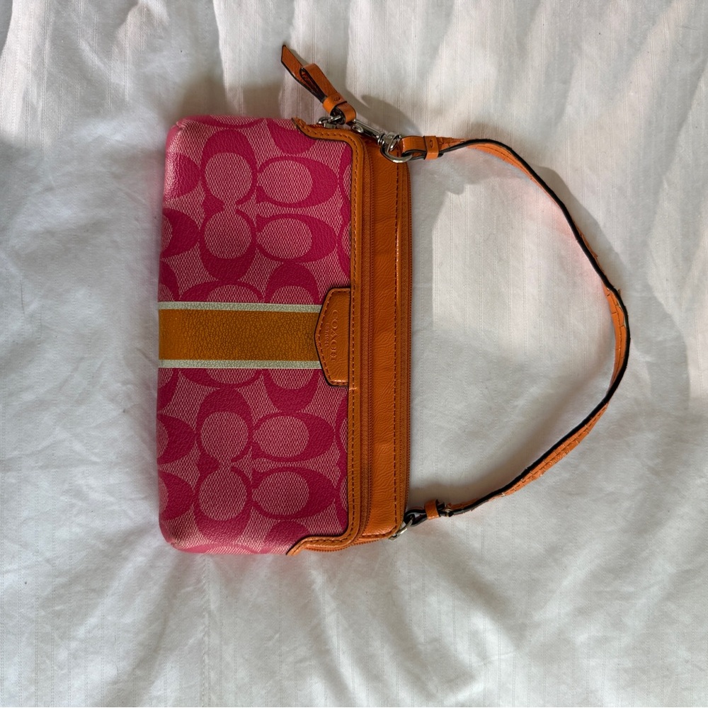Coach Signature Stripe Double Zip Wristlet | Orange and Pink - Picture 12 of 15